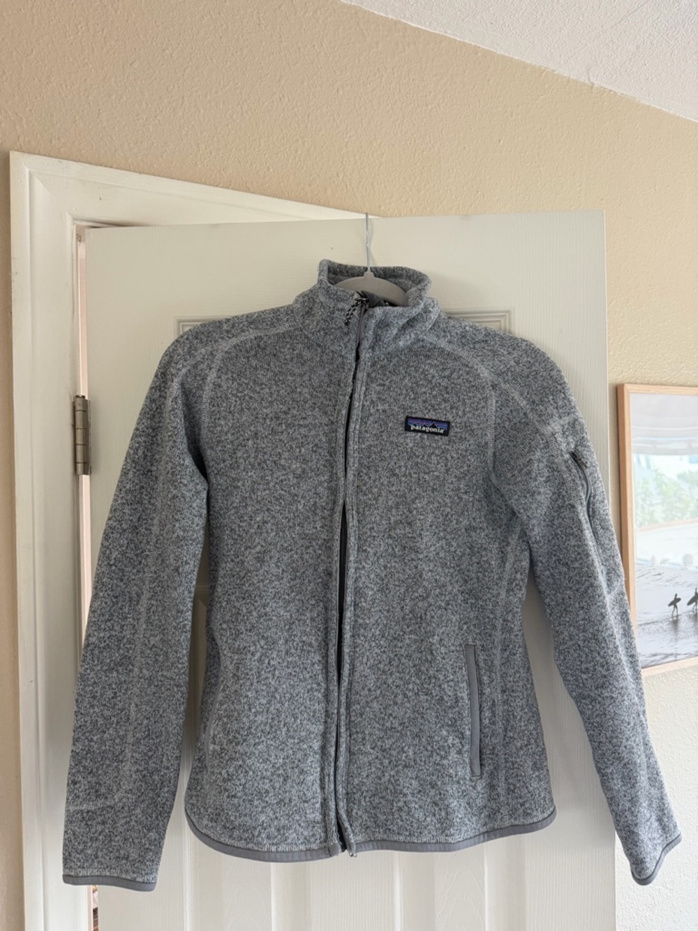 Patagonia label with black, blue, purple, red accents